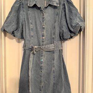 Denim Puff Sleeve Dress with Belt